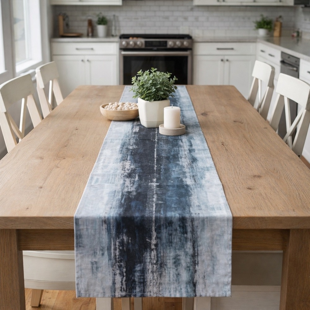 Abstract Watercolor Table Runner Navy Blue Gray Modern Artistic Dining Decor